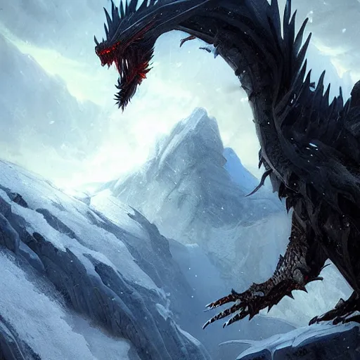 Prompt: giant black dragon in the snowy mountains, fantasy, greg rutkowski