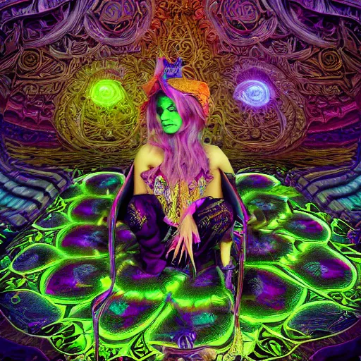 Image similar to psychadelic witch, hyper detailed, flowing psychadelic background intricate and detailed, ornate 8 k gorgeous intricate detailed, octane render