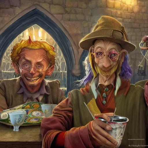 Prompt: Rincewind and a bowl of fries, in Hogwarts School of Witchcraft and Wizardry, detailed, hyperrealistic, colorful, cinematic lighting, character concept art by Paul Kidby and Jim Kay, trending on ArtStation