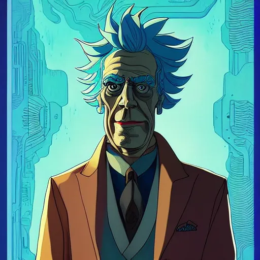 Image similar to westworld rick sanchez futurama portrait by charles vess and james jean and erik jones and rhads, inspired by ghost in the shell, beautiful fine face features, intricate high details, sharp, ultradetailed