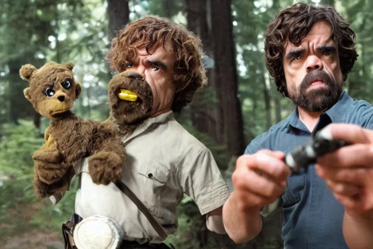 Image similar to peter dinklage holding a flare fighting smokey the bear, movie still, from the new sleepaway camp movie, 8 k, realistic