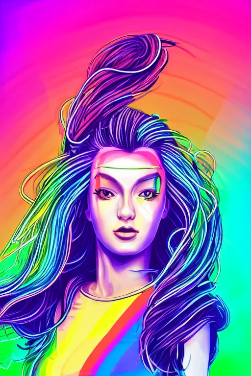 Prompt: a award winning half body portrait of a beautiful woman with stunning eyes in a croptop and cargo pants with rainbow colored hair, head moving and hair flying, outlined by whirling illuminated neon lines, outrun, vaporware, shaded flat illustration, digital art, trending on artstation, highly detailed, fine detail, intricate