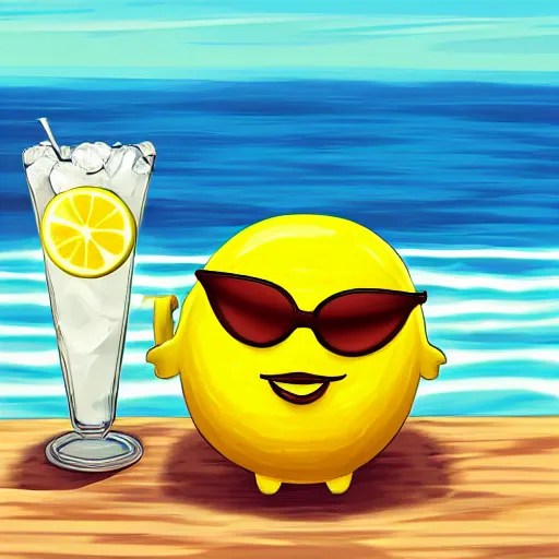 Prompt: a lemon character with sun glasses sitting by the beach with a drink, digital art