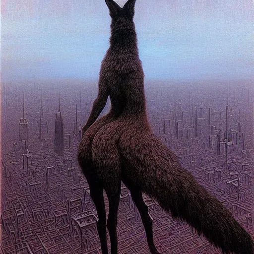 Image similar to a giant coyote stands over a city painting by beksinski, barlowe colors. masterpiece painting