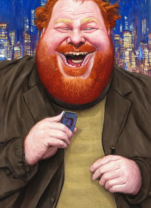 Prompt: a laughing fat redheaded man with beard talking on a cell phone manhattan skyline in the background, portrait, intricate, elegant, highly detailed, centered, digital painting, artstation, concept art, smooth, sharp focus, illustration, art by art germ and donato giancola and Joseph Christian Leyendecker