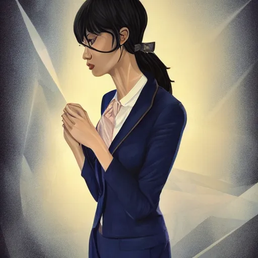 Prompt: portrait of a beautiful woman in an office, dark blue clothes, black hair, dark skin, d & d, high fantasy, deep focus, intricate, elegant, highly detailed, digital painting, sharp focus dynamic pose, ultra realistic illustration