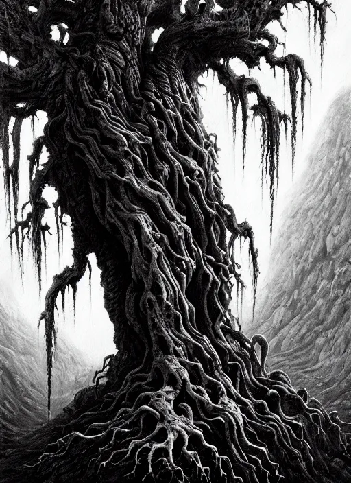 Image similar to close up portrait of a monster tree in the scary mountains of hell, oil painting by tomasz jedruszek and nicolas delort, cinematic lighting, pen and ink, intricate line, hd, 4 k, million of likes, trending on artstation