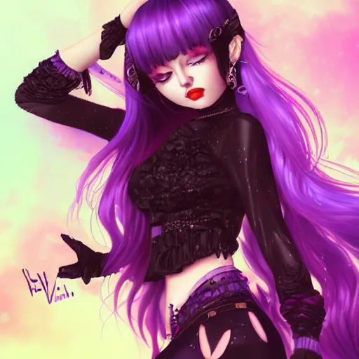 Prompt: kerli koiv animel goth girl with purple hair in mini skirt and crop top intricate, extremely detailed, artstation, 8 k, sensual lighting, incredible art, wlop, artgerm