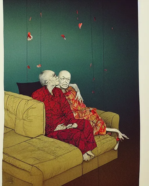 Image similar to early color photo of an old dead couple sitting on a couch in an old soviet apartment and looking at the scared enlightened boy flying up in sky, Beksinski impasto painting, part by Adrian Ghenie and Gerhard Richter. art by Takato Yamamoto, masterpiece