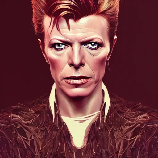 Image similar to Portrait of David Bowie, intricate, wild, highly detailed, digital painting, artstation, concept art, smooth, sharp focus, illustration, art by artgerm and greg rutkowski and alphonse mucha and Hajime Sorayama