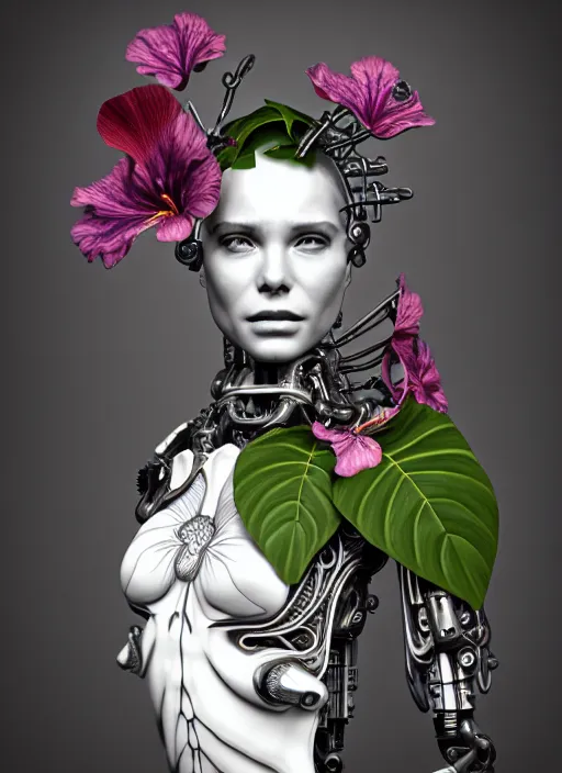 Image similar to bw 3 d model, biomechanical female cyborg with porcelain profile face and a big floral eye, big leaves foliage and stems, morning glory flowers, hibiscus flowers, boho floral vines, sinuous fine roots, fine filigree foliage lace, alexander mcqueen, rim light, art nouveau fashion pearl embroidered, steampunk, redshift render, artstation, 8 k