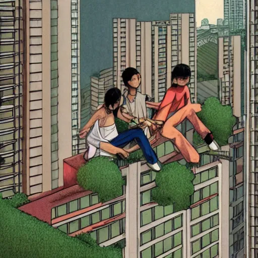 Prompt: art of two singapore students on the roof of a hdb flat, by satoshi kon