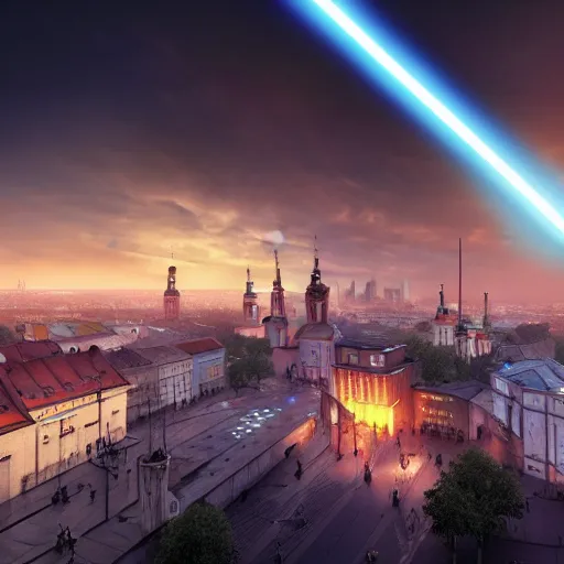 Image similar to Futuristic Cyberpunk Cracow town Poland from future star wars, dramatic lighting , insanely detailed, art station, 8K HD resolution , dramatic lighting, thunders