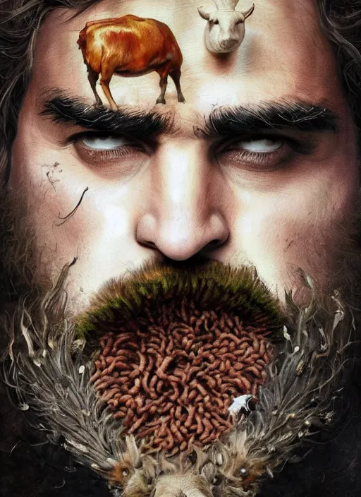 Image similar to a hyper detailed painting of joaquin phoenix surrounded by animals, cow horns, pig nose, sheep wool, chicken feather, horror, by anna podedworna, by miklos ligeti, by diego maricato, by taran fiddler, by antonino truisi, by chris reddie, by jinsung lim, trending on artstation