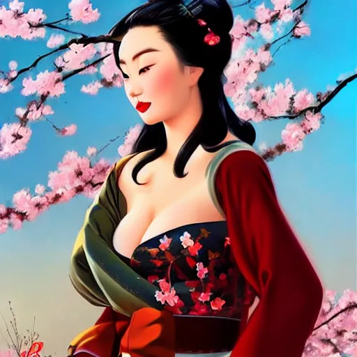 Prompt: pin - up portrait of a beautiful young mulan, pretty long hair, cherry blossoms, intense flirting, showing curves, symmetrical face, digital art, smooth, extremely detailed, model pose, by wu bayard, by gil elvgren, by ralph horsley, by hanks steve