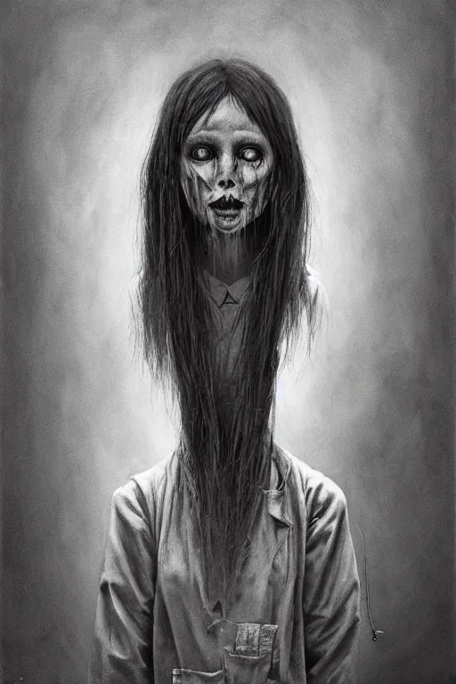 Image similar to charcoal cartoon grunge portrait of a creepy horror nurse girl . intricate abstract. intricate artwork. nightmare fuel. terrifying. by zdzisław Beksiński, wlop, dan mumford , trending on artstation, greg rutkowski very coherent symmetrical artwork. cinematic, hyper realism, high detail, octane render, 8k