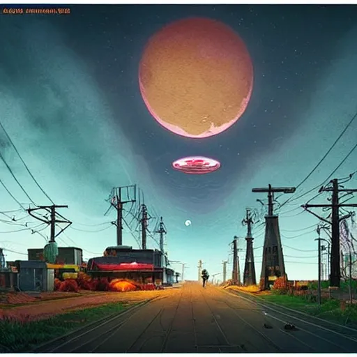 Image similar to An atom punk city with the moon shining through the clouds in utopia by Simon Stålenhag and Grant Wood,In style of 80s sci fi art.hyper detailed,4K,unreal engine 5,Ray Tracing,highly realistic.trending on Artstation