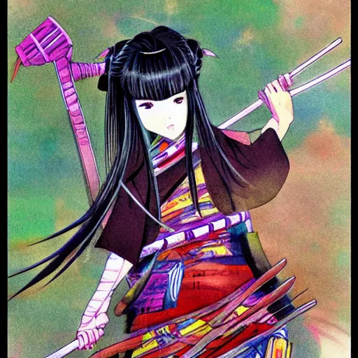 Image similar to anime samurai girl by takehito inoue, colorful