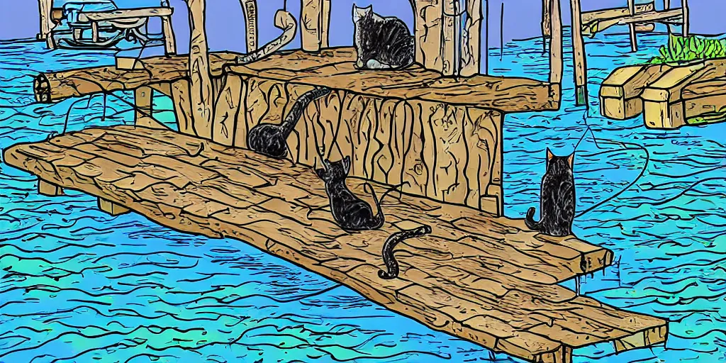 Image similar to cat sitting on the pier fishing, cartoon