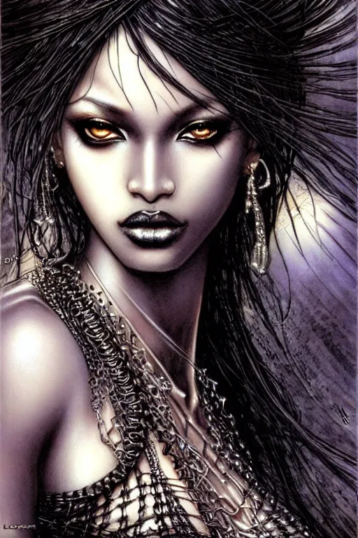 Image similar to a beautiful black goddess, fantasy, portrait, sharp focus, intricate, elegant, illustration, ambient lighting, art by Luis Royo