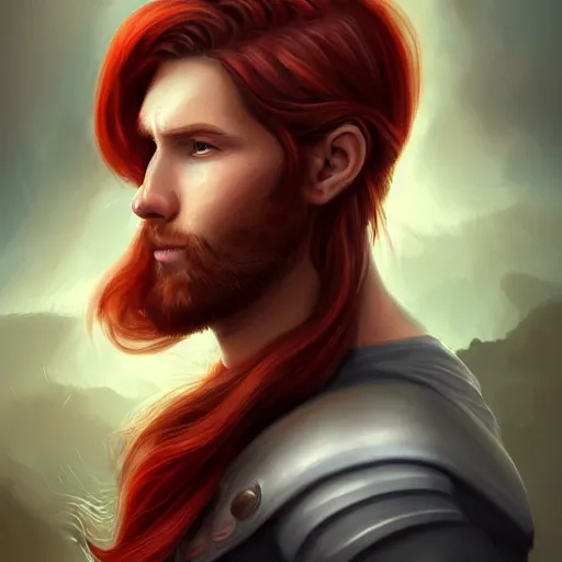 Image similar to portrait of a handsome male ship captain with long red hair!!!!!!, 30 years old, bashful, upper body, ethereal, muscular, friendly, playful, D&D, hairworks, Unreal 4, fantasy, elegant, highly detailed, digital painting, hairworks, deviantart, artstation, concept art, sharp focus, dramatic lighting, illustration, art by Artgerm and Greg Rutkowski and Alphonse Mucha