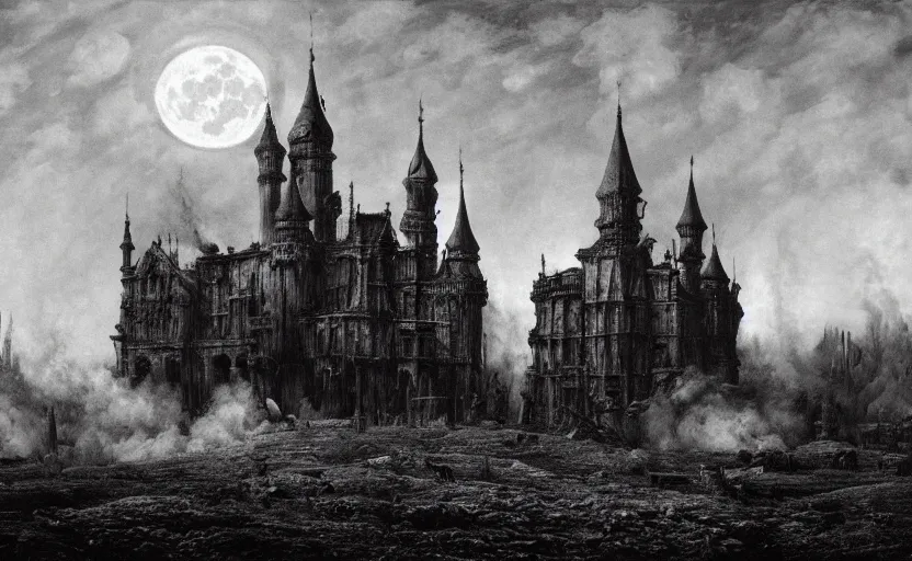 Image similar to a picture in high contrast by vasily vereshchagin of burning!!! gothic! castle in smoke and ashes by the village, full moon in clouds!, visual art, 8 k resolution, 3 d modelling, hard lighting, masterpiece, vray