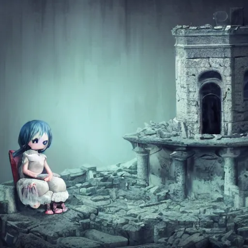Prompt: dreamlike sketch painting cute fumo plush girl in tattered ghostly robes in the watchtower of a fallen civilization, ruins, f / 2. 8, vray