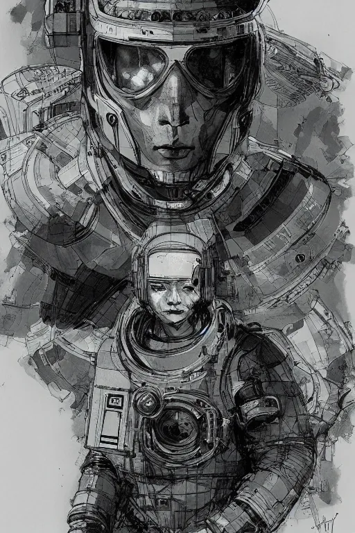 Image similar to portrait of a future cosmonaut with helmet having cybernetics and wirings, pen and ink, intricate line drawings, by craig mullins, ruan jia, kentaro miura, greg rutkowski