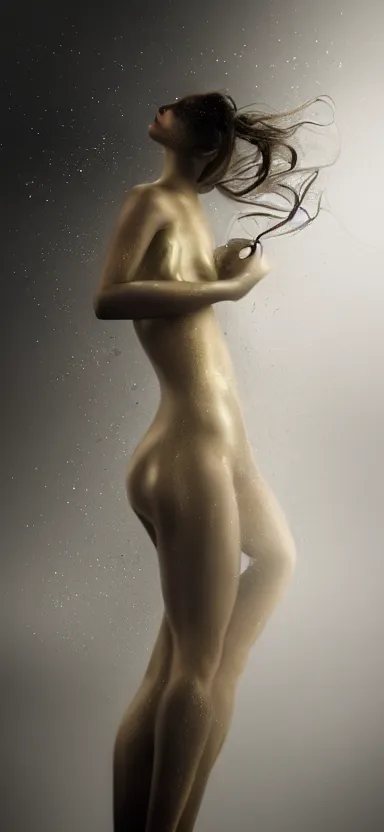 Prompt: film still, perfect female body silhouette, liquid sculpture, astral clockwork, golden sheer curtains flowing in wind, photorealism, beautiful portrait, white and black latex mixture, black ink, body acts photography, abstract art, concept art, matte painting, bokeh lights, one point light, elegant, weta fx, weta digital, artstation, holographic colors