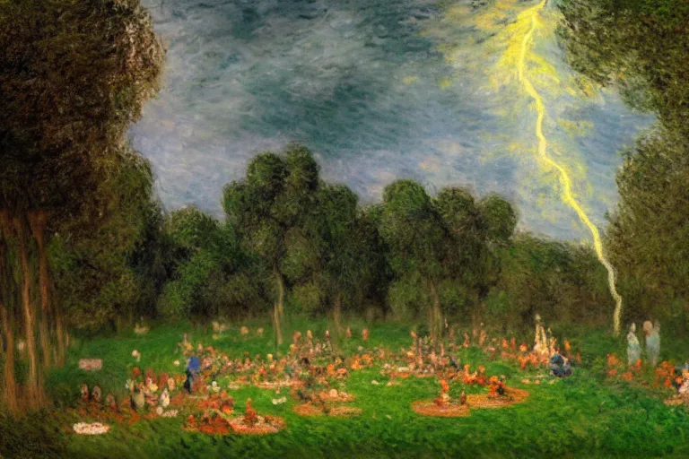 Prompt: a detailed illustration of a god ruining a picnic in the park, nightmare in the park, calamity, dark storms with lightning, ultrawide lens, aerial photography, natural disaster, 8 k, art by claude monet and andreas rocha and albert bierstadt