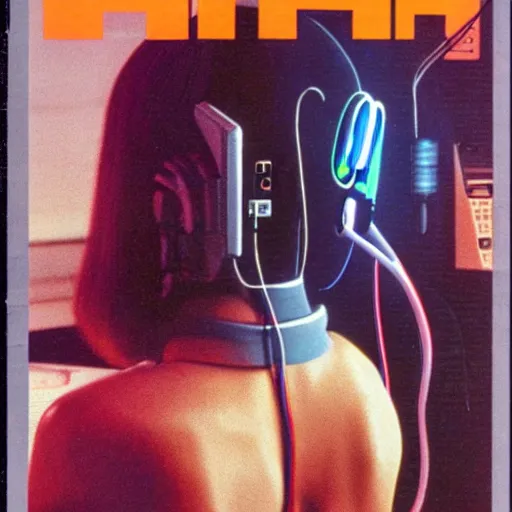 Image similar to cable plugged in, back of head, cyberpunk woman, computer, 1 9 7 9 omni magazine cover