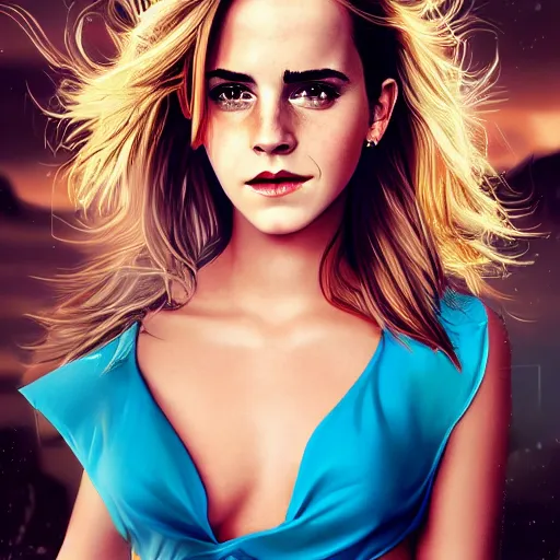 Prompt: a very beautiful mature emma watson, full body, long wavy blond hair, sky blue eyes, full round face, bikini, miniskirt, front view, mid - shot, cute pose, highly detailed, cinematic wallpaper by stanley artgerm lau