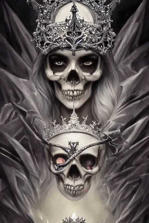 Image similar to skull queen with an origami crown, hints of silver jewelry, gothic, eerie, intricate detail, dramatic lighting, mist, grey, 4k, fantasy, intricate, very very beautiful, elegant, highly detailed, digital painting, artstation, concept art, smooth, sharp focus, illustration, art by artgerm and greg rutkowski and alphonse mucha