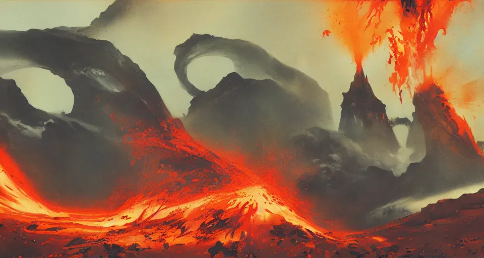 Image similar to a volcano made of ivory vines and crimson rocks enters in eruption, it spits a smoke in the shape of demonic eye, by John Berkey
