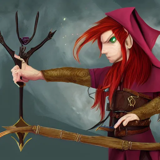 Image similar to a fantasy elf that is a wizard, holding a spell book and a dagger, with red hair, blue eyes, and is tall, 4 k digital art