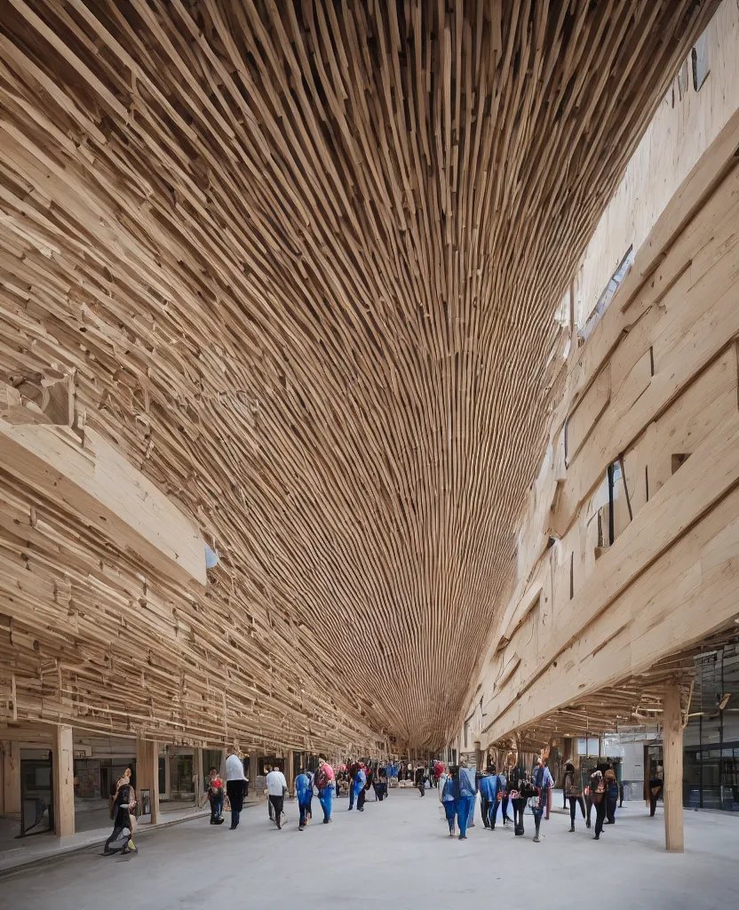 Image similar to a complex building, large wood joinery, dowels and pegs, people walking, architectural photography