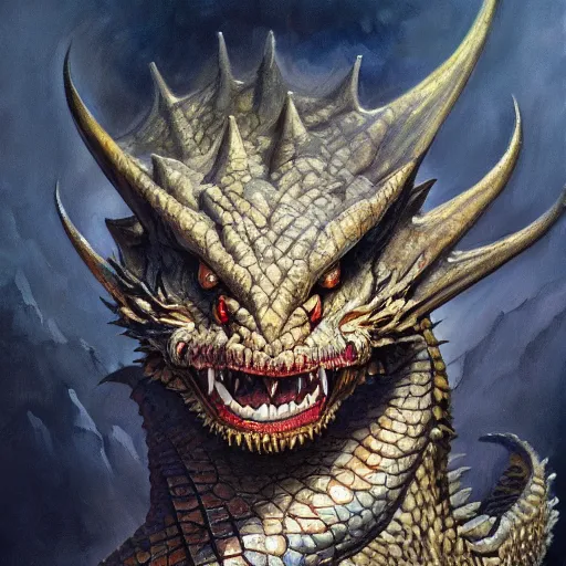 Image similar to oil painting of dragon, dnd dragon, fantasy, realistic textured scales, portrait, glowing eyes, sharp focus, artgem, boris valejo, frank frazetta, heavy metal style, trending on artstation, digital painting, julie bell, beautiful, very detailed,