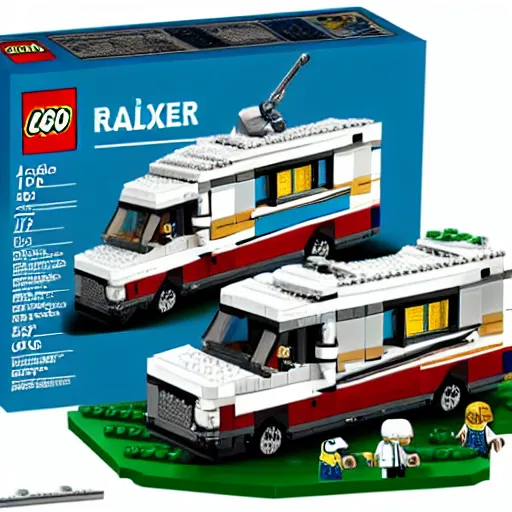 Image similar to walter white rv lego box realistic