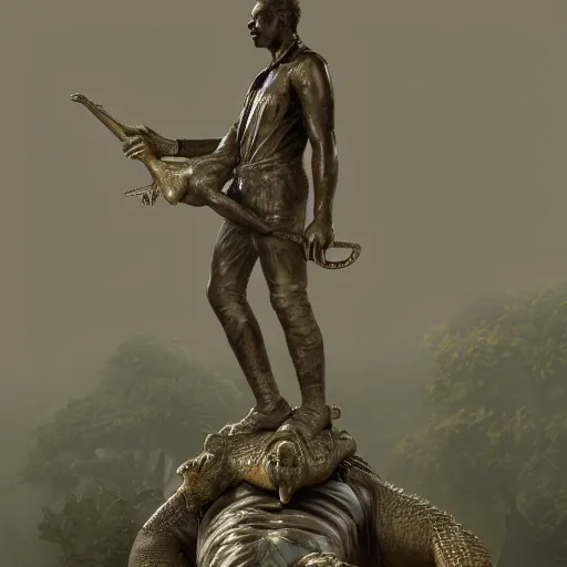 Image similar to Statue of man with crocodile on his back in misty jungles, 8k, detailed, concept art, trending on artstation