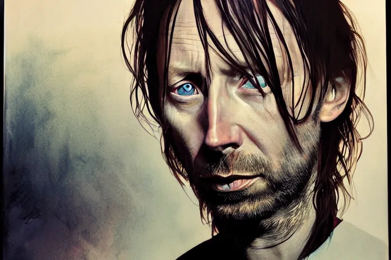 Image similar to hyper realistic portrait of thom yorke mixed with trent reznor, bigger forehead, bigger chin, from the side, by lee bermejo, alphonse mucha and greg rutkowski