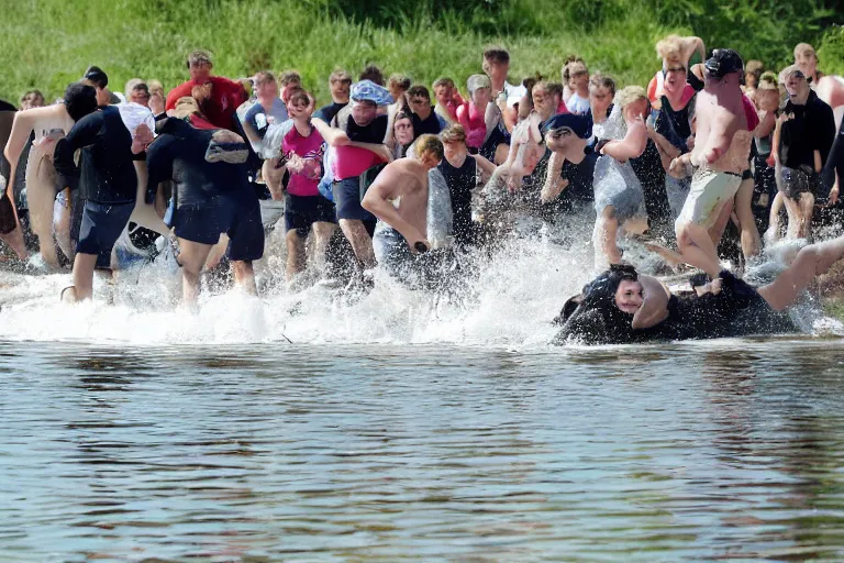 Image similar to Group of teenagers push rolls roys into lake from small slide