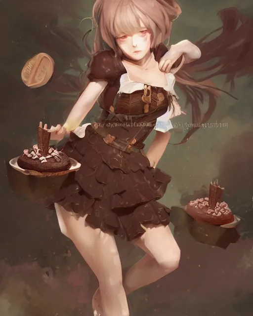 Image similar to a girl as personification of chocolate cupcake, fantasy bakery, digital art by krenz cushart, laurie greasly, intricate details, sharp focus, smooth, epic composition