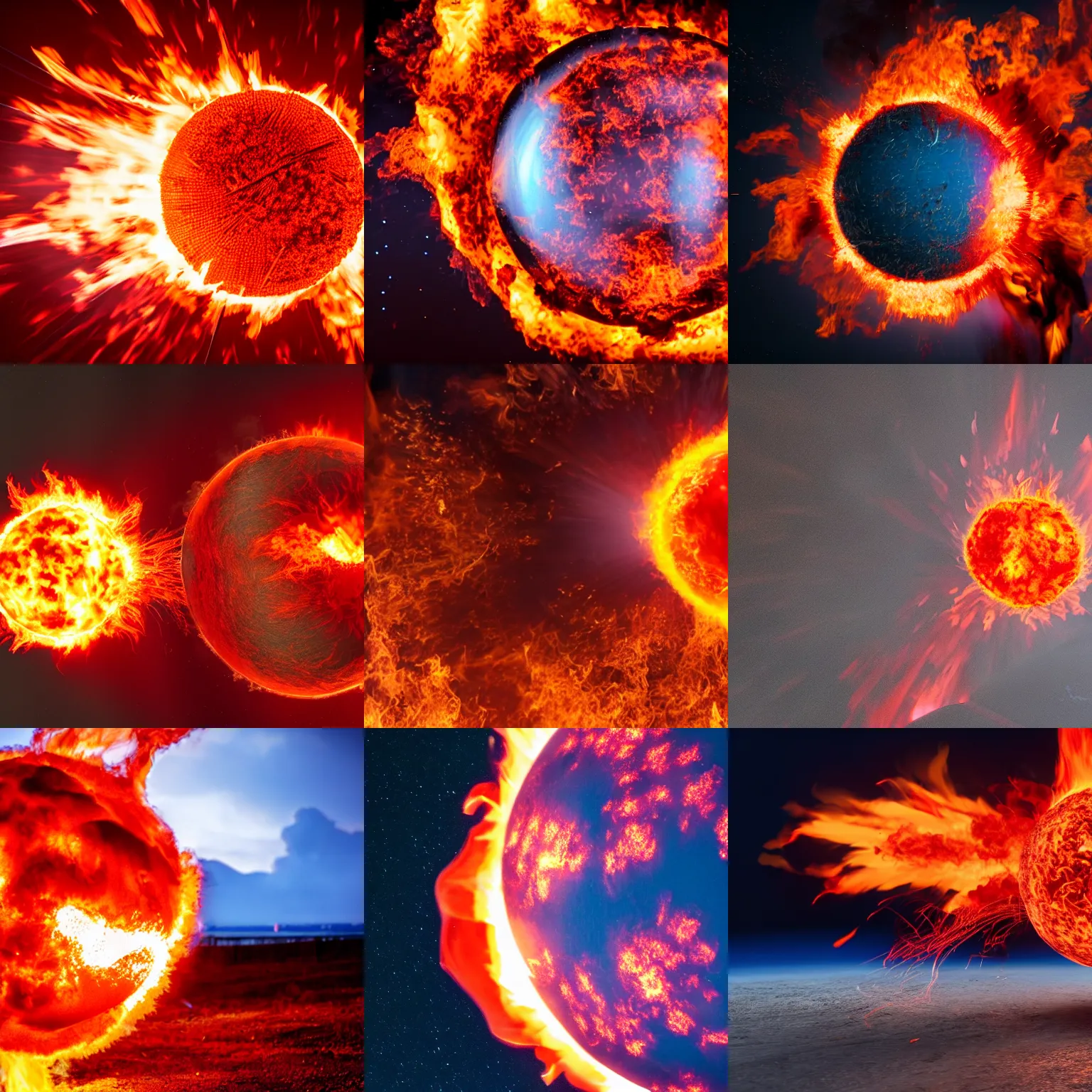 Prompt: red hot burning sphere embedded in fireball explosion with fire, 4 k
