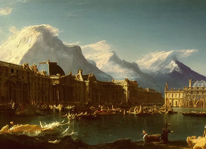 Image similar to painting of the louvre museum in front of beautiful mountains by thomas cole