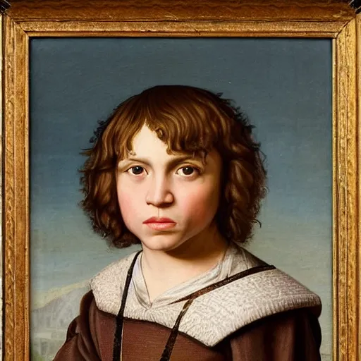 Image similar to caucasian boy age 11, with a curly mullet and brown eyes, renaissance portrait, vinatge painting royal painting