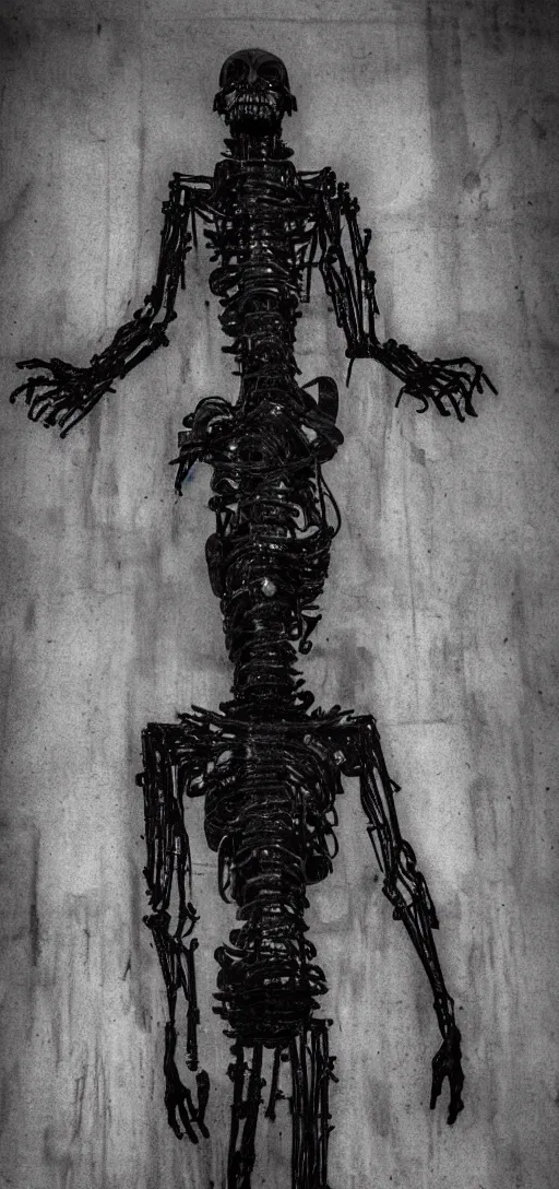 Image similar to a scary humanoid figure made out of machinery in a dark hallway, 4K, realistic, horror, body horror, disturbing