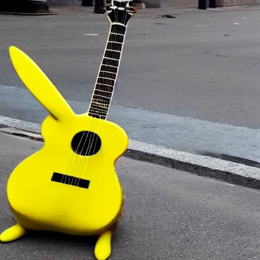 Prompt: pikachu homeless and depressed, playing guitar on an empty city street during the day