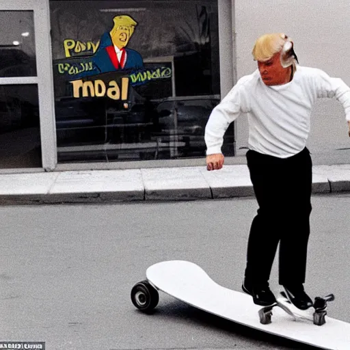 Image similar to donald trump skateboarding in a mcdonalds restaurant parking lot in 1 9 8 7