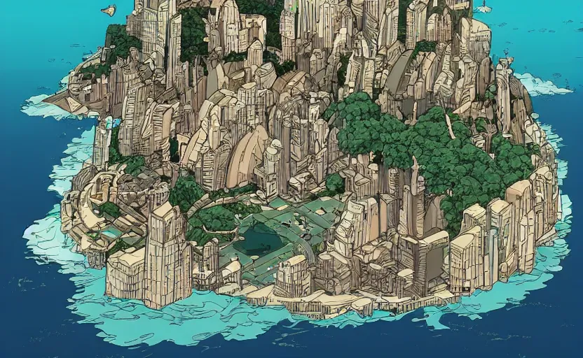 Image similar to a metropolis built on a island floating above the sea in the sky, waterfalls fall from the island into the sea, by Laurie Greasley, artstation, Studio Ghibli color scheme