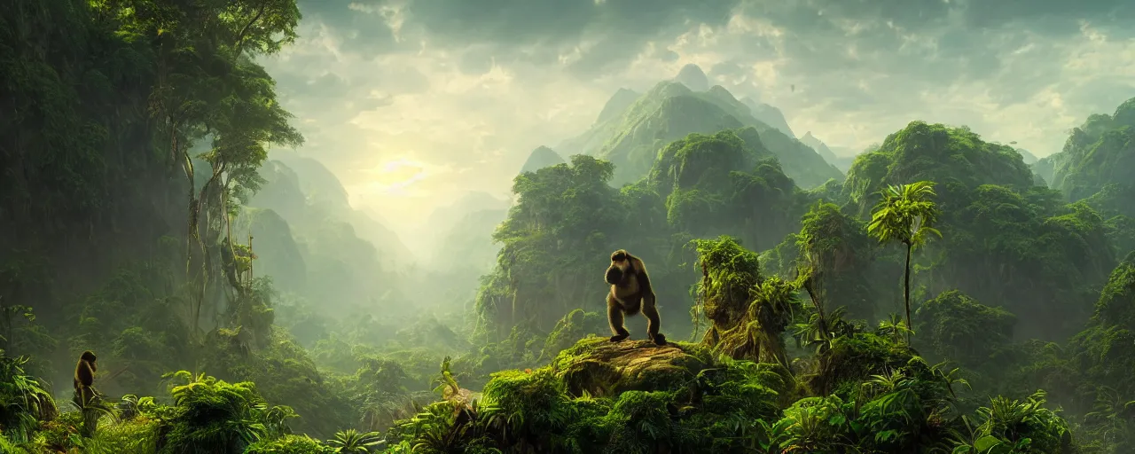 Image similar to gorilla in the jungle, beautiful dynamic lighting, cinematic, wide angle establishing shot, extremely high detail, photo realistic, cinematic lighting, post processed, concept art, artstation, matte painting, style by frederic church, raphael lacoste, unreal engine 8 k